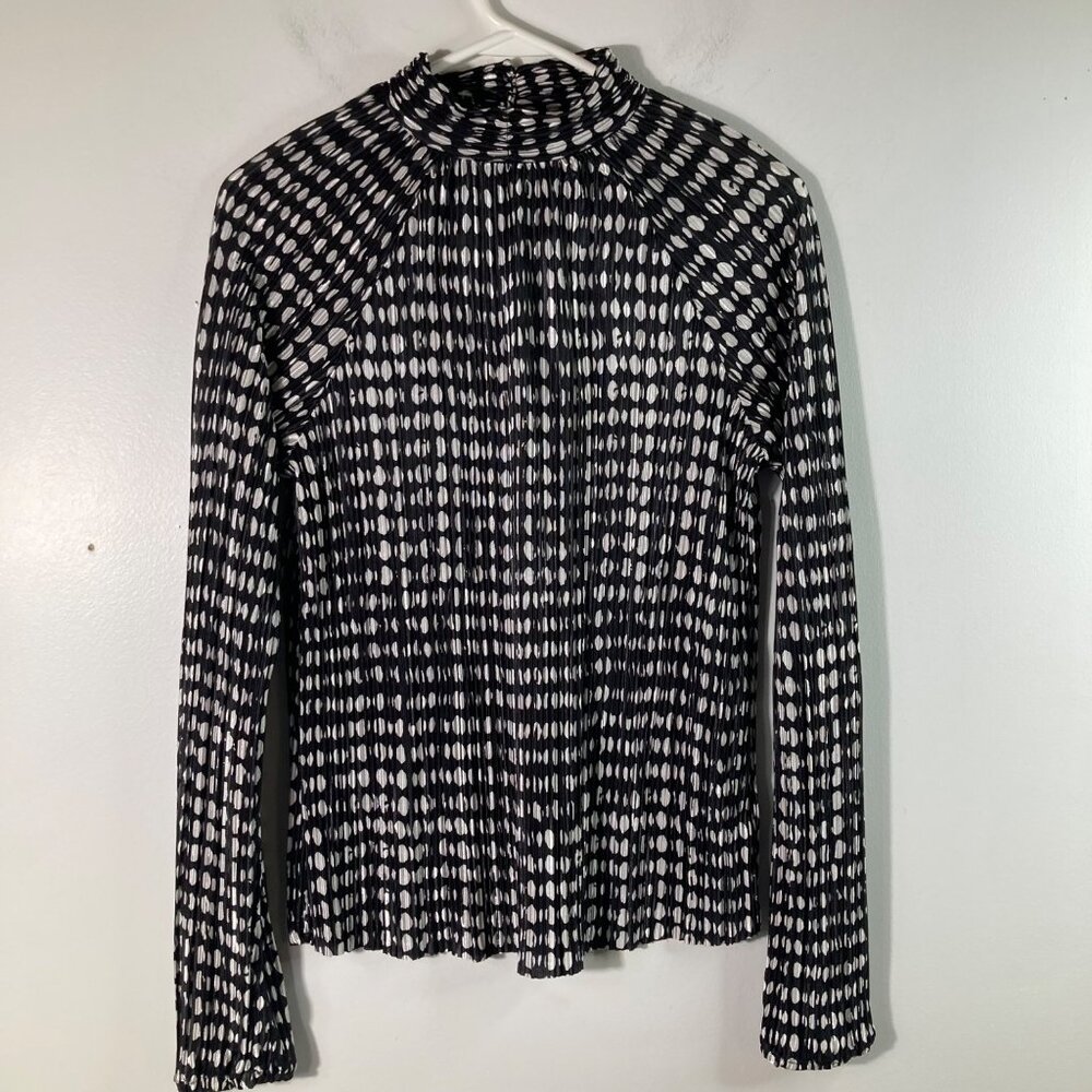 Womens Joie Mock Neck Accordian Pleated Crepey Blouse Black White Pattern S